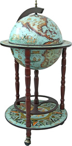 Antique-Inspired Sixteenth Century Globe Bar Cabinet - 18" Diameter, 36" Tall, Blue Finish