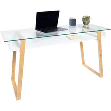 Load image into Gallery viewer, Small Desk 55 Inch, Modern Computer Desk, Glass Top, Shelf Space, Living Room, Office