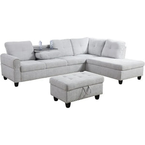 Sofa 3-piece Modular Set - L-Shaped Lounge, 2 Cup Holders, Storage Footstool