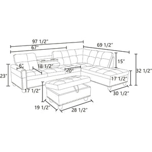 Sofa 3-piece Modular Set - L-Shaped Lounge, 2 Cup Holders, Storage Footstool