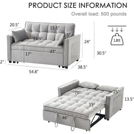 "Modern Velvet 3-in-1 Sofa Bed with Adjustable Backrest & Storage + Pillows