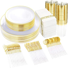 Load image into Gallery viewer, Gold Plastic Dinnerware Set (350pcs) - Disposable White Plates, Gold Handles for Parties