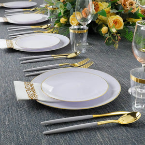 Gold Plastic Dinnerware Set (350pcs) - Disposable White Plates, Gold Handles for Parties