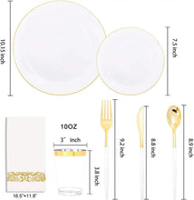 Load image into Gallery viewer, Gold Plastic Dinnerware Set (350pcs) - Disposable White Plates, Gold Handles for Parties