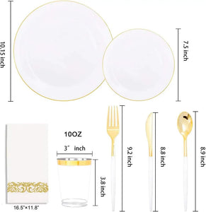 Gold Plastic Dinnerware Set (350pcs) - Disposable White Plates, Gold Handles for Parties