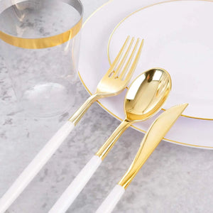 Gold Plastic Dinnerware Set (350pcs) - Disposable White Plates, Gold Handles for Parties