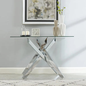 45" Narrow Sofa Table, Tempered Glass Top, Metal Tubular Legs, Silver