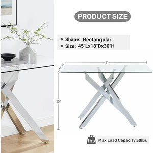 45" Narrow Sofa Table, Tempered Glass Top, Metal Tubular Legs, Silver