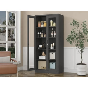 Glass Display Cabinet Bookcase - 71" Tall Storage with Adjustable Shelves