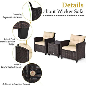 Outdoor Wicker Patio Set - 3 Piece Sofa, Tempered Glass Table, Washable Cushions