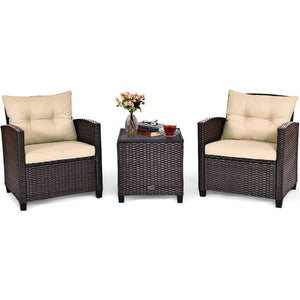 Outdoor Wicker Patio Set - 3 Piece Sofa, Tempered Glass Table, Washable Cushions