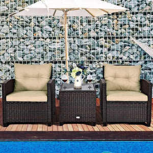 Outdoor Wicker Patio Set - 3 Piece Sofa, Tempered Glass Table, Washable Cushions