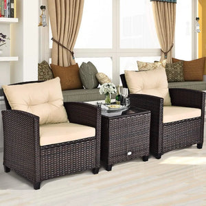 Outdoor Wicker Patio Set - 3 Piece Sofa, Tempered Glass Table, Washable Cushions