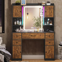 Load image into Gallery viewer, Vanity Table with Lights &amp; Charging: Makeup Vanity, Time Display Mirror, Ambient Light, Storage Cabinets