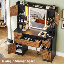 Load image into Gallery viewer, Vanity Table with Lights &amp; Charging: Makeup Vanity, Time Display Mirror, Ambient Light, Storage Cabinets