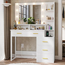 Load image into Gallery viewer, Makeup Vanity Desk with 10 Light Bulbs Mirror: White Vanity Table with Charging Station