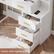 Load image into Gallery viewer, Makeup Vanity Desk with 10 Light Bulbs Mirror: White Vanity Table with Charging Station