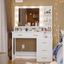 Load image into Gallery viewer, Makeup Vanity Desk with 10 Light Bulbs Mirror: White Vanity Table with Charging Station