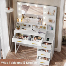 Load image into Gallery viewer, Makeup Vanity Desk with 10 Light Bulbs Mirror: White Vanity Table with Charging Station