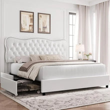 Load image into Gallery viewer, &quot;Upholstered Platform Bed Frame with 4 Storage Drawers, Heavy Duty Wood Slats