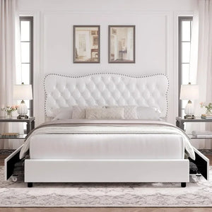 "Upholstered Platform Bed Frame with 4 Storage Drawers, Heavy Duty Wood Slats