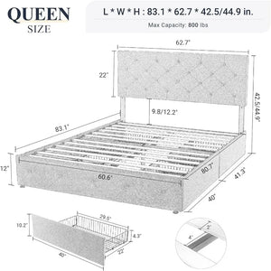 Elegant Queen Platform Bed with 4 Storage Drawers & Diamond Tufted Headboard