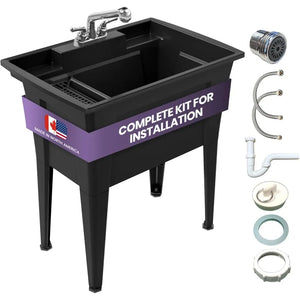 Dual-Handle Chrome Faucet Utility Sink - 32", Ideal for Laundry, Garage, Garden