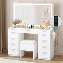 Load image into Gallery viewer, Large Makeup Vanity Desk with LED Mirror - White Vanity Set, Power Outlet, Bench