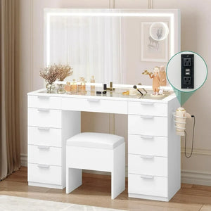 Large Makeup Vanity Desk with LED Mirror - White Vanity Set, Power Outlet, Bench