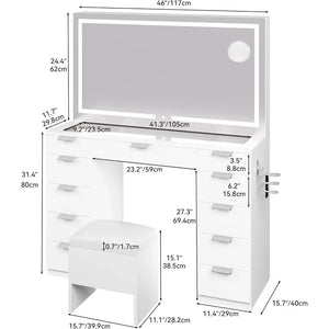 Large Makeup Vanity Desk with LED Mirror - White Vanity Set, Power Outlet, Bench