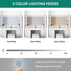 Large Makeup Vanity Desk with LED Mirror - White Vanity Set, Power Outlet, Bench