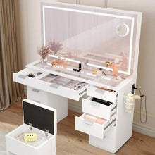 Load image into Gallery viewer, Large Makeup Vanity Desk with LED Mirror - White Vanity Set, Power Outlet, Bench