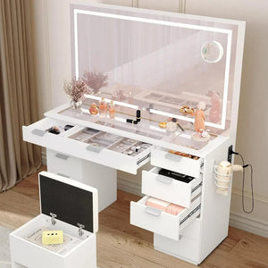 Large Makeup Vanity Desk with LED Mirror - White Vanity Set, Power Outlet, Bench