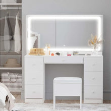 Load image into Gallery viewer, White Vanity Desk with LED Lighted Mirror &amp; Power Outlet - 7 Drawers, Stool