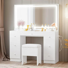 Load image into Gallery viewer, White Vanity Desk with LED Lighted Mirror &amp; Power Outlet - 7 Drawers, Stool