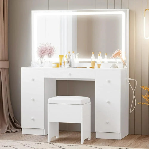 White Vanity Desk with LED Lighted Mirror & Power Outlet - 7 Drawers, Stool