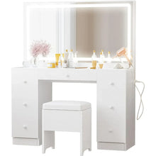 Load image into Gallery viewer, White Vanity Desk with LED Lighted Mirror &amp; Power Outlet - 7 Drawers, Stool