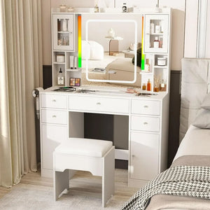 Makeup Vanity Desk Set - LED Mirror, Charging Station, RGB Lights, Time Display