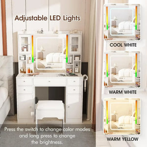 Makeup Vanity Desk Set - LED Mirror, Charging Station, RGB Lights, Time Display