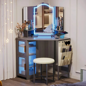 Women's Vanity Table Set - Makeup Vanity with Mirror, Lights, Charging, Drawers