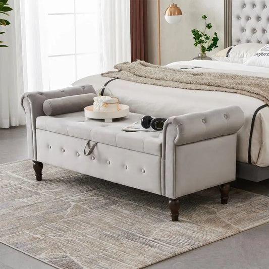 63" Velvet Upholstered Storage Bench, Button-Tufted End of Bed Ottoman with Rolled Arms