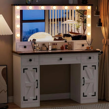 Load image into Gallery viewer, Vanity Table Set - White Makeup Desk with Mirror, Lights, Drawers, Charging, Bench