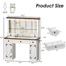 Load image into Gallery viewer, Vanity Table Set - White Makeup Desk with Mirror, Lights, Drawers, Charging, Bench