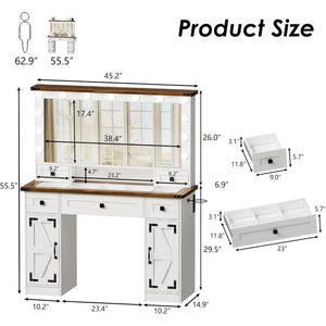 Vanity Table Set - White Makeup Desk with Mirror, Lights, Drawers, Charging, Bench