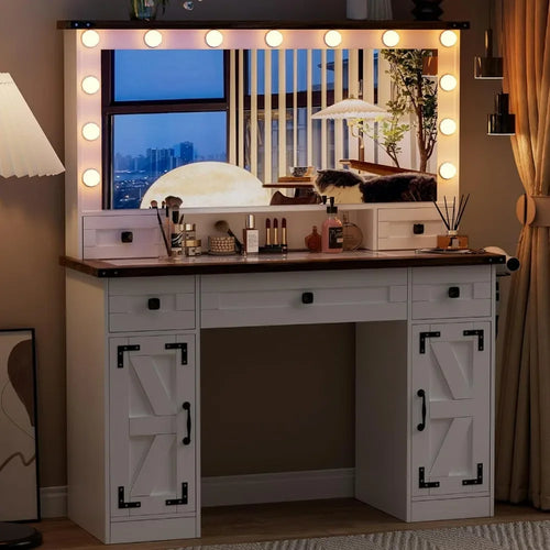 Vanity Table Set - White Makeup Desk with Mirror, Lights, Drawers, Charging, Bench