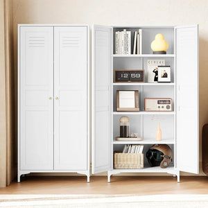 Metal Kitchen Pantry Cabinet with Feet - White Home Storage Locker, Doors & Adjustable Shelves