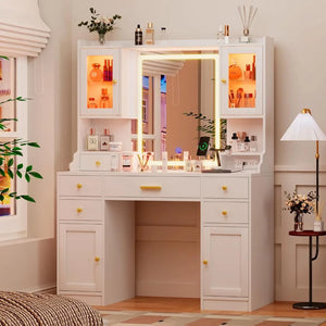 White Vanity Table Set w/ Mirror, Lights & Charging - Large Makeup Desk, RGB Cabinets