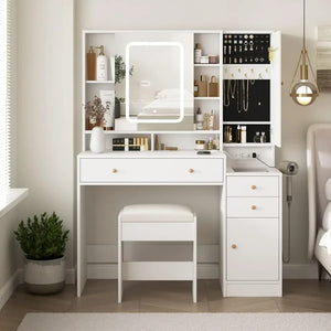 White Vanity Desk with Mirror & Lights - Makeup Vanity, 3 Drawers, Charging