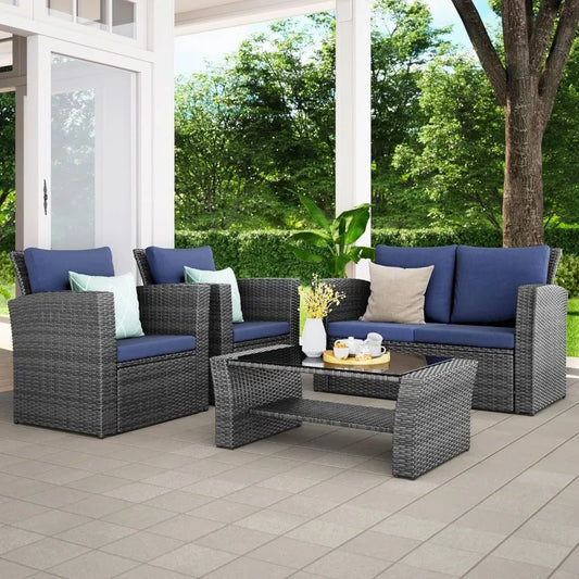 4 Piece Wicker Conversation Set - Outdoor Patio Furniture for Porch Deck Comfort