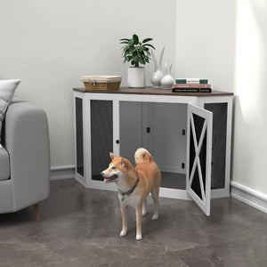 Multifunctional Wooden Dog Kennel | End Table with Mesh Cage | Indoor Wooden Dog House